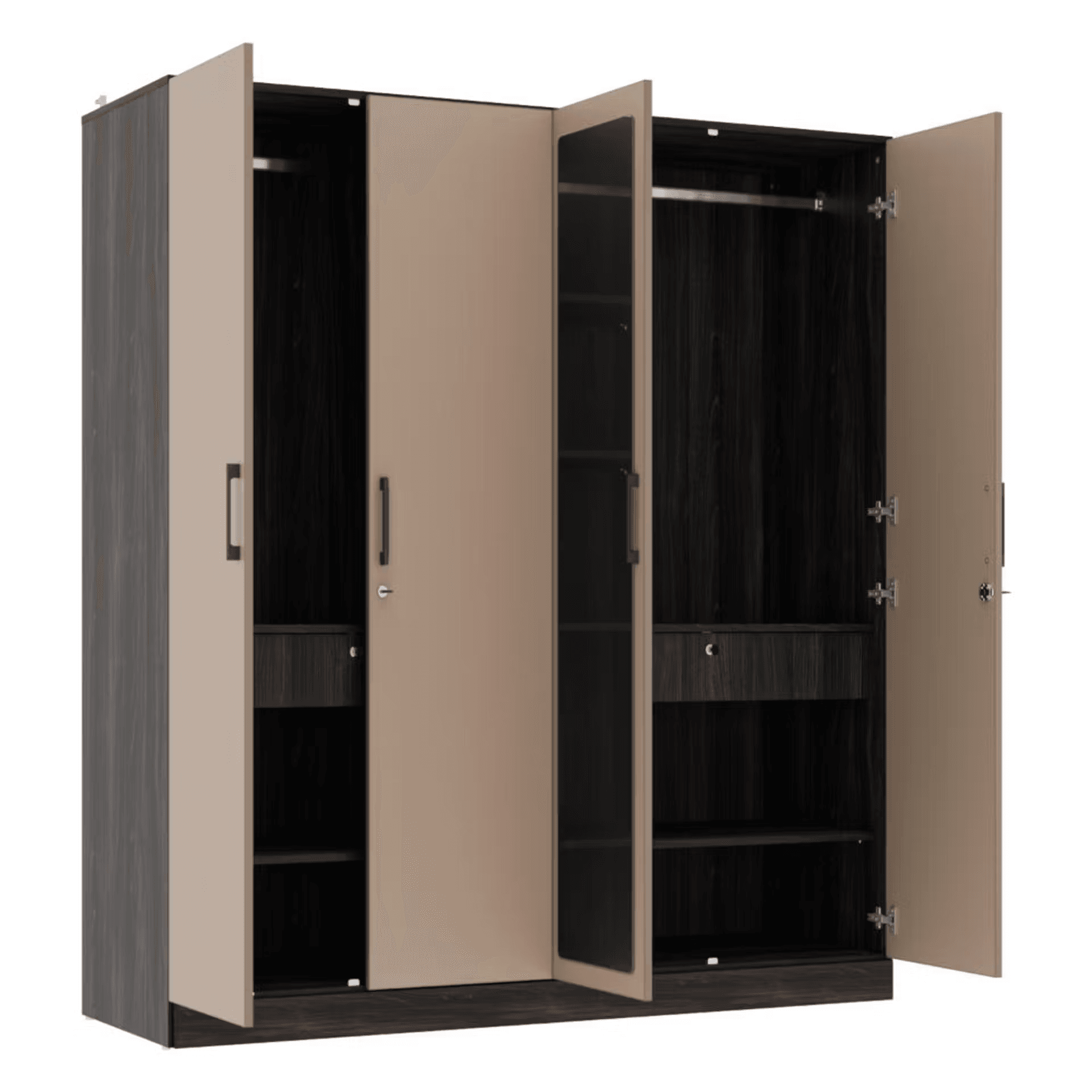 Cashmere Plus 4 Door Wardrobe with 4 Shelves, 2 Drawers, Mirror & 2 Hanging Areas | (Wyoming Maple & Frappe) thumbnail